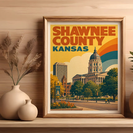 Framed artwork of Shawnee County, Kansas, featuring a colorful retro skyline and capitol building.