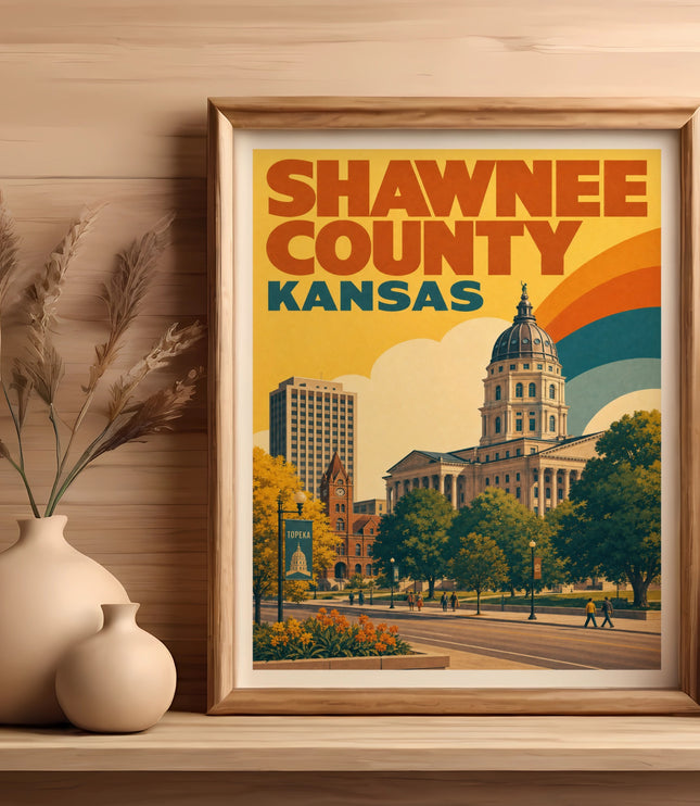 Framed artwork of Shawnee County, Kansas, featuring a colorful retro skyline and capitol building.