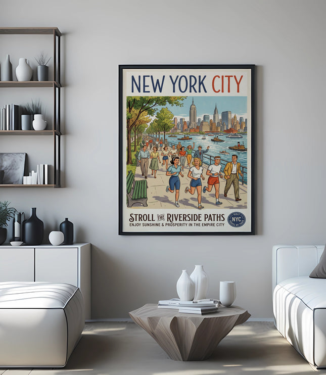 New York City poster of people strolling along a river with skyline and boats.