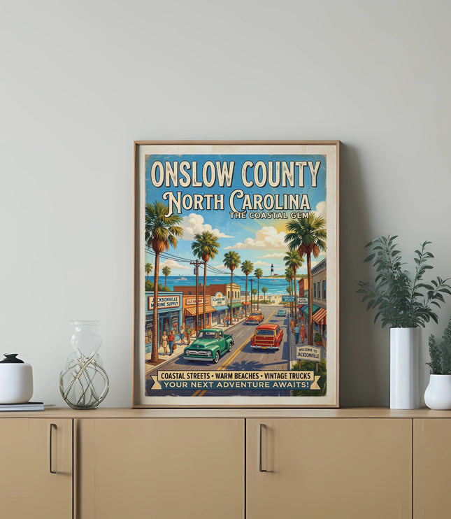 Vintage travel poster for Onslow County, North Carolina, featuring coastal streets and beaches.