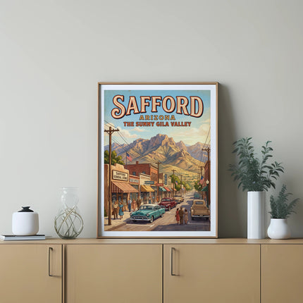 Vintage Safford Arizona poster of a street scene with cars and mountains.