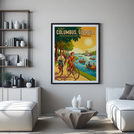 Vintage travel poster for Columbus, Georgia, showing people cycling and boating.