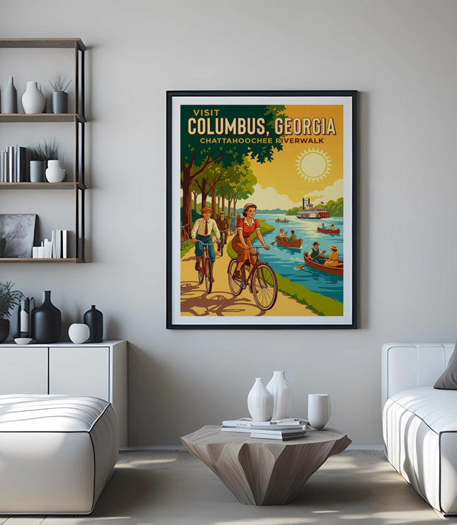 Vintage travel poster for Columbus, Georgia, showing people cycling and boating.