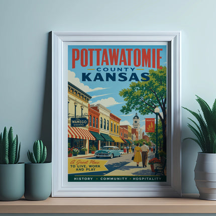 Pottawatomie County, Kansas poster featuring Wamego Shoppe and town scene.