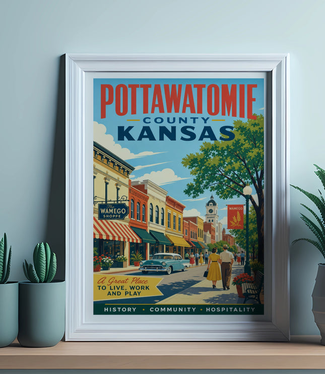 Pottawatomie County, Kansas poster featuring Wamego Shoppe and town scene.