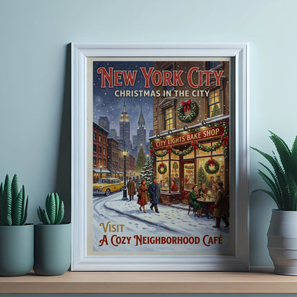 New York City Christmas in the City poster with "City Lights Bake Shop" and "A Cozy Neighborhood Cafe".