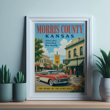 Poster of Council Grove, Kansas, featuring Hays House, historic buildings, and a vintage car.