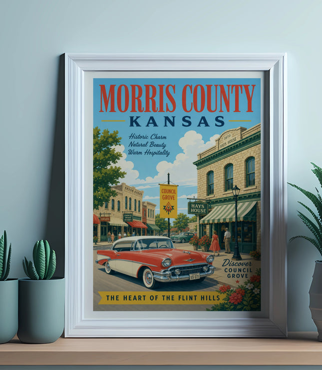Poster of Council Grove, Kansas, featuring Hays House, historic buildings, and a vintage car.