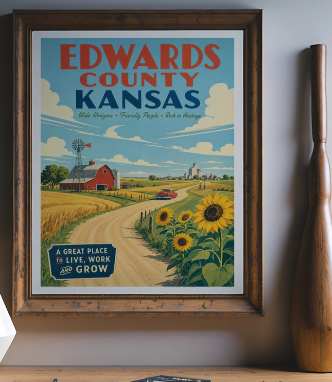 Edwards County Kansas travel poster with farm scene, sunflowers, and text.