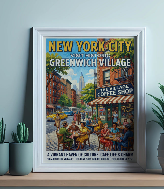 New York City Greenwich Village poster featuring The Village Coffee Shop and people dining.