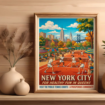 New York City tennis courts poster with "Healthy Fun" text.