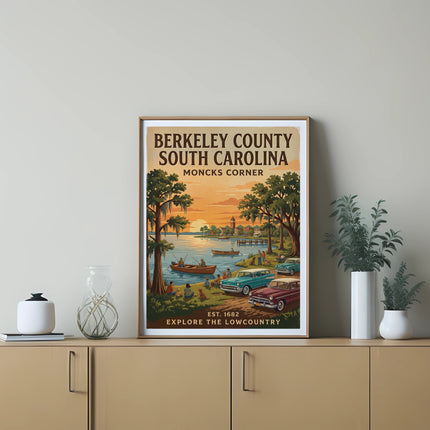 Berkeley County South Carolina Moncks Corner retro travel poster with scene of people fishing.