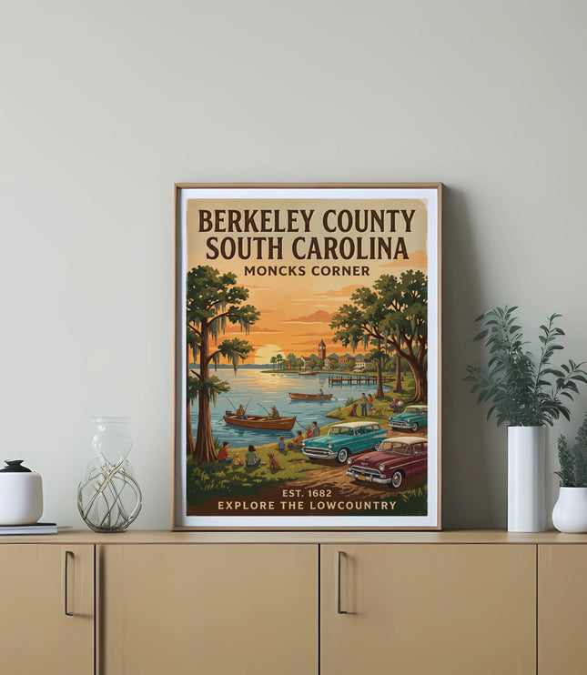 Berkeley County South Carolina Moncks Corner retro travel poster with scene of people fishing.