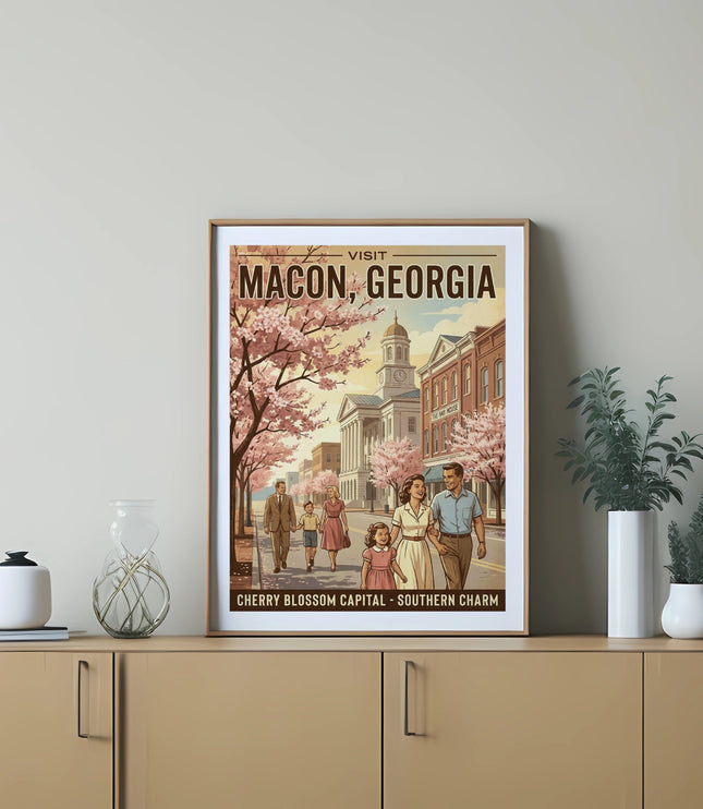 Vintage poster of Macon, Georgia with families walking past cherry blossom trees and buildings.