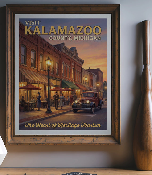 Kalamazoo County, Michigan vintage poster with town square and truck.