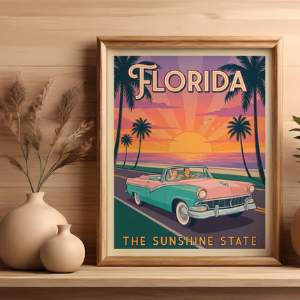 Vintage Florida "The Sunshine State" poster with classic car and palm trees.