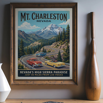 Vintage Mt. Charleston Nevada poster with cars on a mountain road.