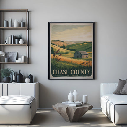"Chase County Kansas" poster hanging above a modern living room sofa.