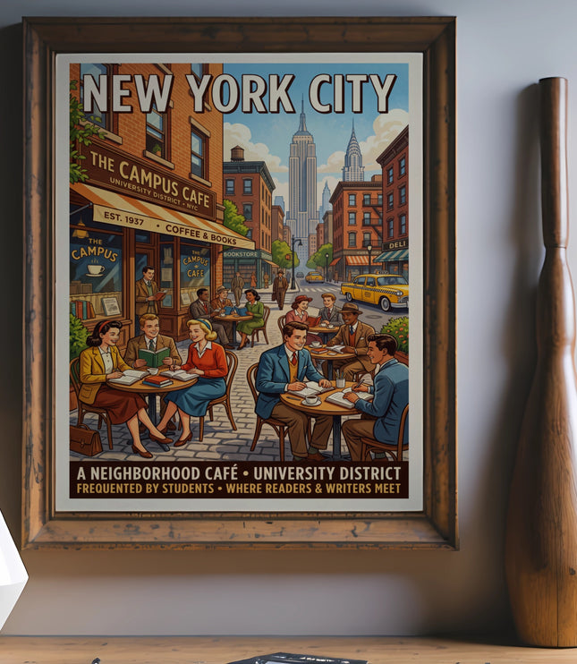 New York City Campus Cafe vintage travel poster featuring Empire State Building and people dining.