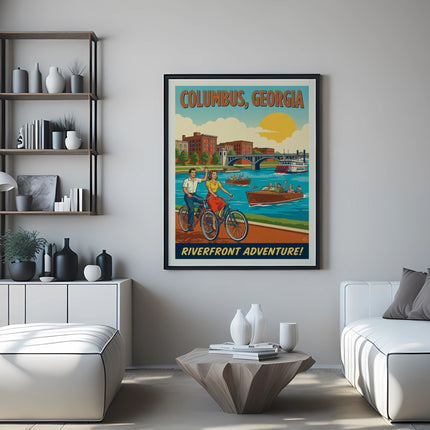 Vintage style travel poster for Columbus, Georgia with a river and couple on bicycles.