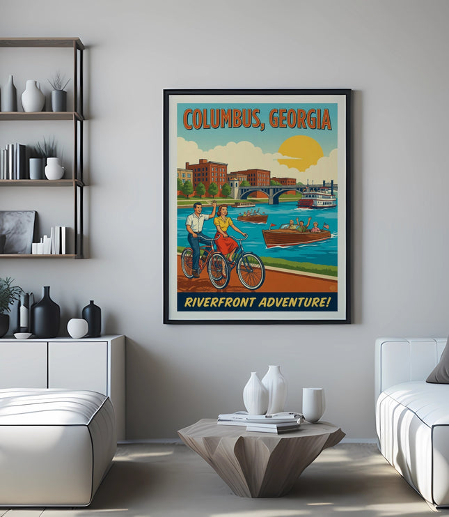 Vintage style travel poster for Columbus, Georgia with a river and couple on bicycles.