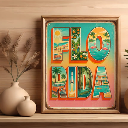 Vintage Florida travel poster with retro car and flamingos.