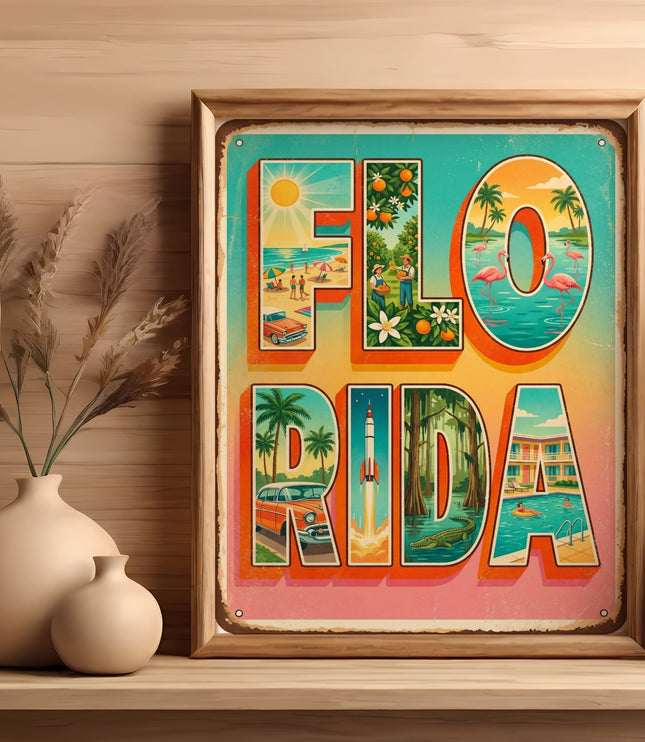 Vintage Florida travel poster with retro car and flamingos.