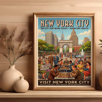Vintage New York City travel poster with people playing chess in Washington Square Park.
