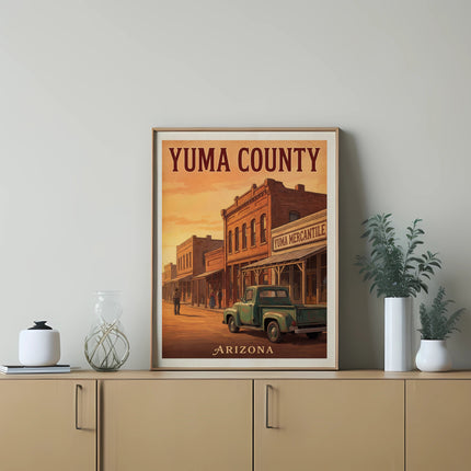 Yuma County art print with vintage buildings, truck, and text "Arizona".