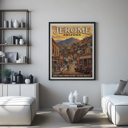 Jerome Arizona travel poster showing ghost town and mining history.