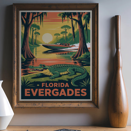 Alligator in Florida Everglades poster with cypress trees and a speed boat.