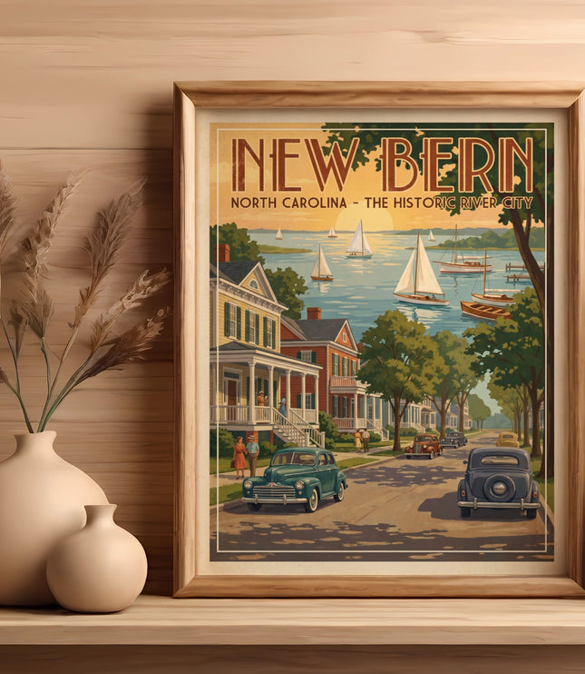 Art print of New Bern, North Carolina, The Historic River City with sailboats and vintage cars.