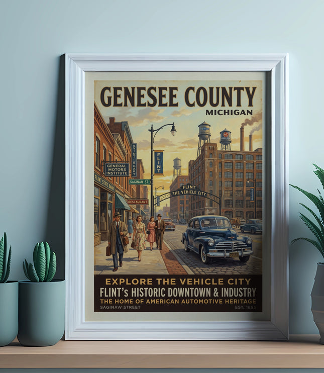 Genesee County Michigan vintage poster featuring Flint, a classic car.