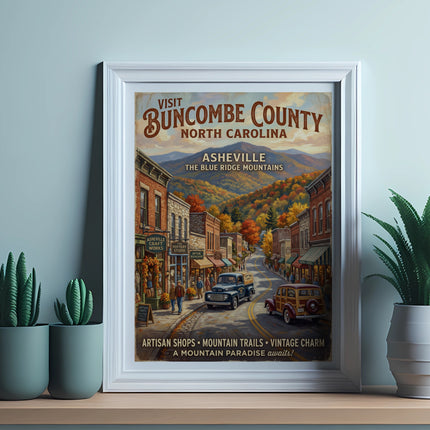 Vintage travel poster for Buncombe County, NC, featuring Asheville and the Blue Ridge Mountains.