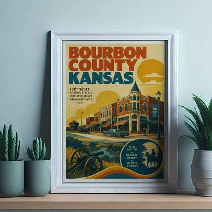 Bourbon County Kansas vintage travel poster with Fort Scott historic buildings and text.