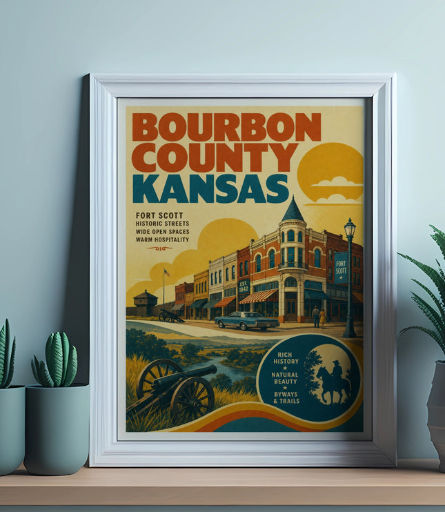 Bourbon County Kansas vintage travel poster with Fort Scott historic buildings and text.