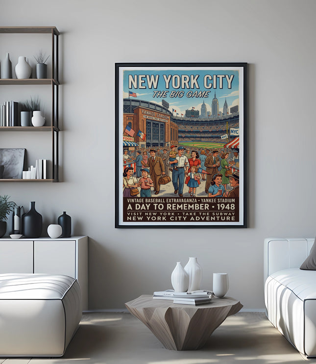 New York City vintage baseball poster featuring Yankee Stadium in 1948.