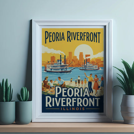 Peoria Riverfront illustration with boats and people on a stylized waterfront.