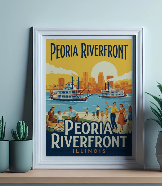 Peoria Riverfront illustration with boats and people on a stylized waterfront.