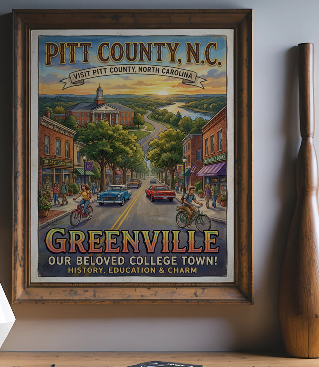Vintage poster of Greenville, NC, featuring a downtown street scene and college buildings.