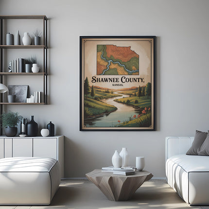 Framed map of Shawnee County, Kansas, with flowing river and rolling hills.