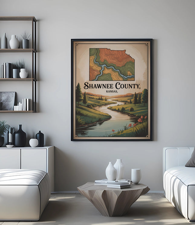 Framed map of Shawnee County, Kansas, with flowing river and rolling hills.