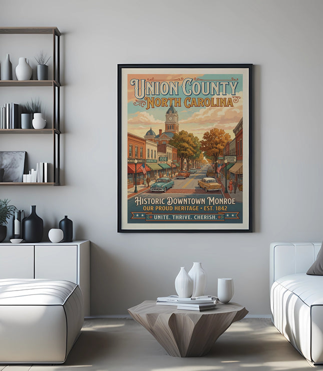 Union County, North Carolina historic downtown Monroe poster with clock tower and vintage cars.