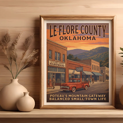 Vintage poster of Le Flore County, Oklahoma with a red truck and town buildings.