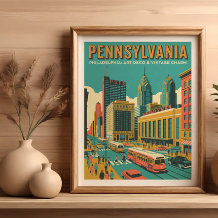 Pennsylvania vintage travel poster with buildings, trolley cars, and palm trees.