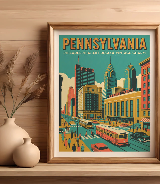 Pennsylvania vintage travel poster with buildings, trolley cars, and palm trees.