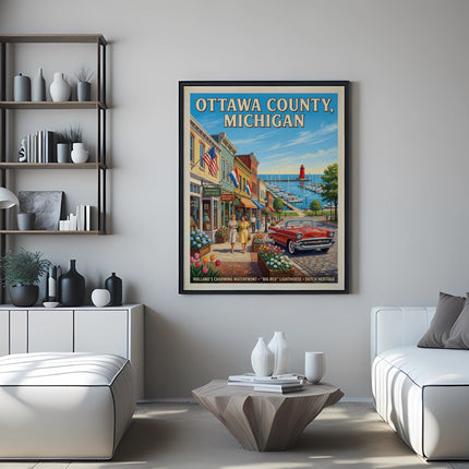 Vintage travel poster of Ottawa County, Michigan featuring a waterfront scene with a red car.