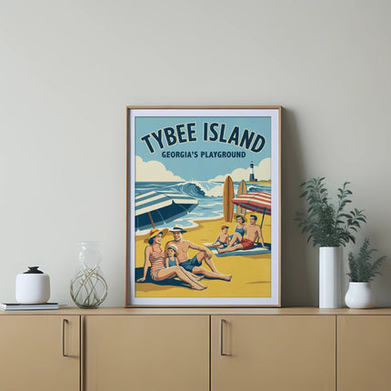 Vintage Tybee Island Georgia's Playground travel poster with beach scene.