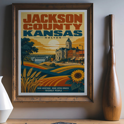 Retro travel poster for Jackson County, Kansas with town and sunflower.