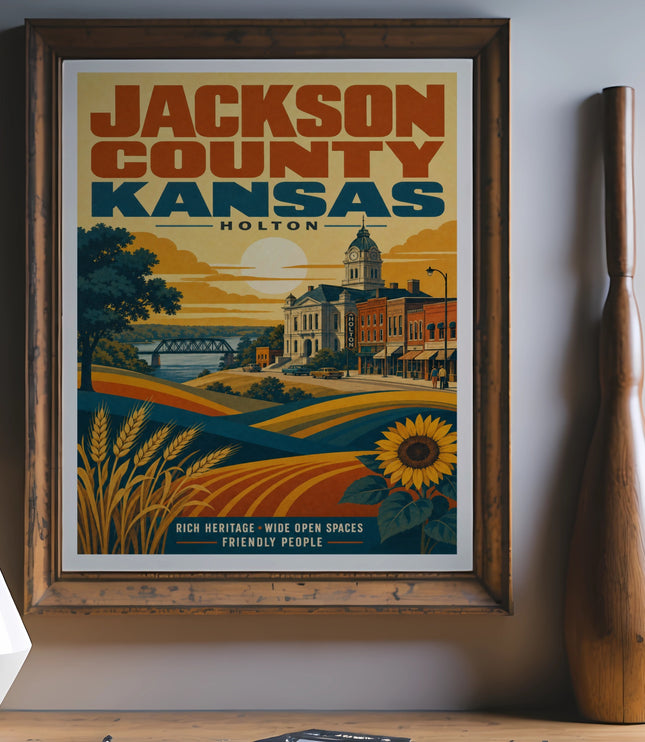 Retro travel poster for Jackson County, Kansas with town and sunflower.